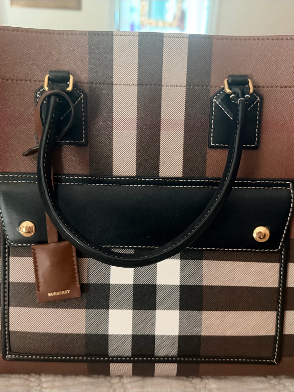 Burberry Brown Black Plaid Leather-Trim Tote